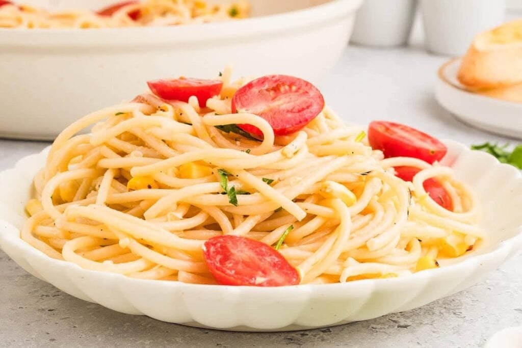 Summer pasta on a plate.
