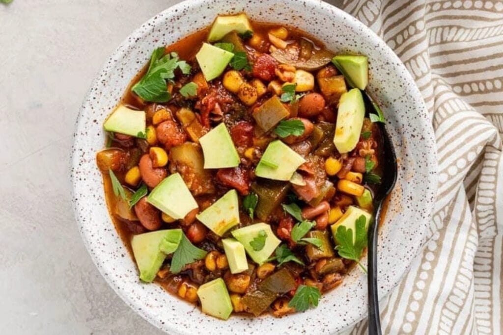 Summer vegetable chili in a bowl.