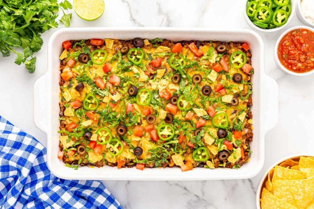 Taco casserole in a baking dish.