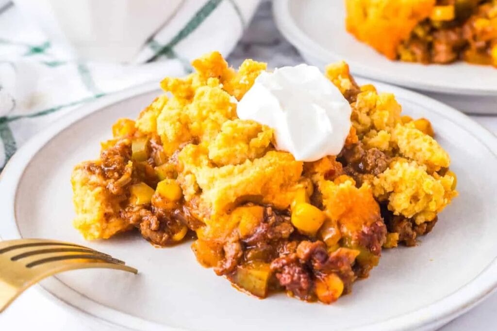 Tamale pie on a plate.