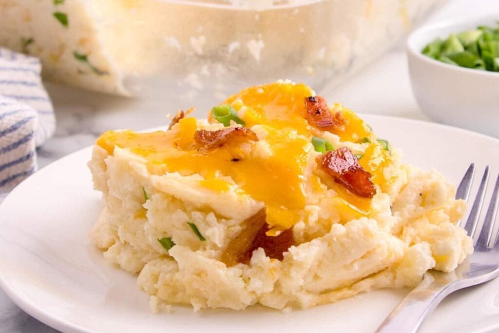 Twice baked potato casserole on a plate.