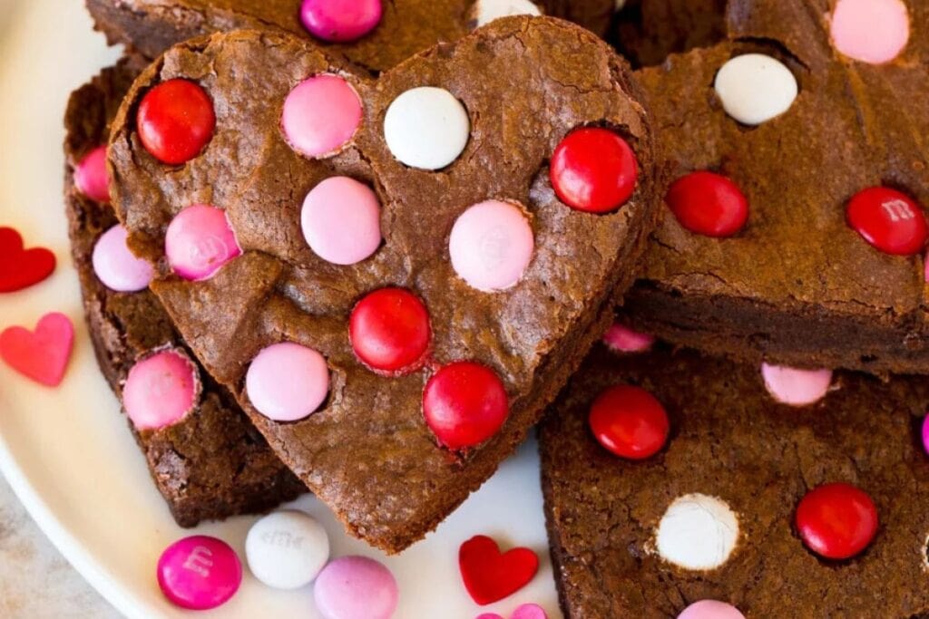 Heart-shaped Valentine&rsquo;s Day brownies with m&m&rsquo;s.