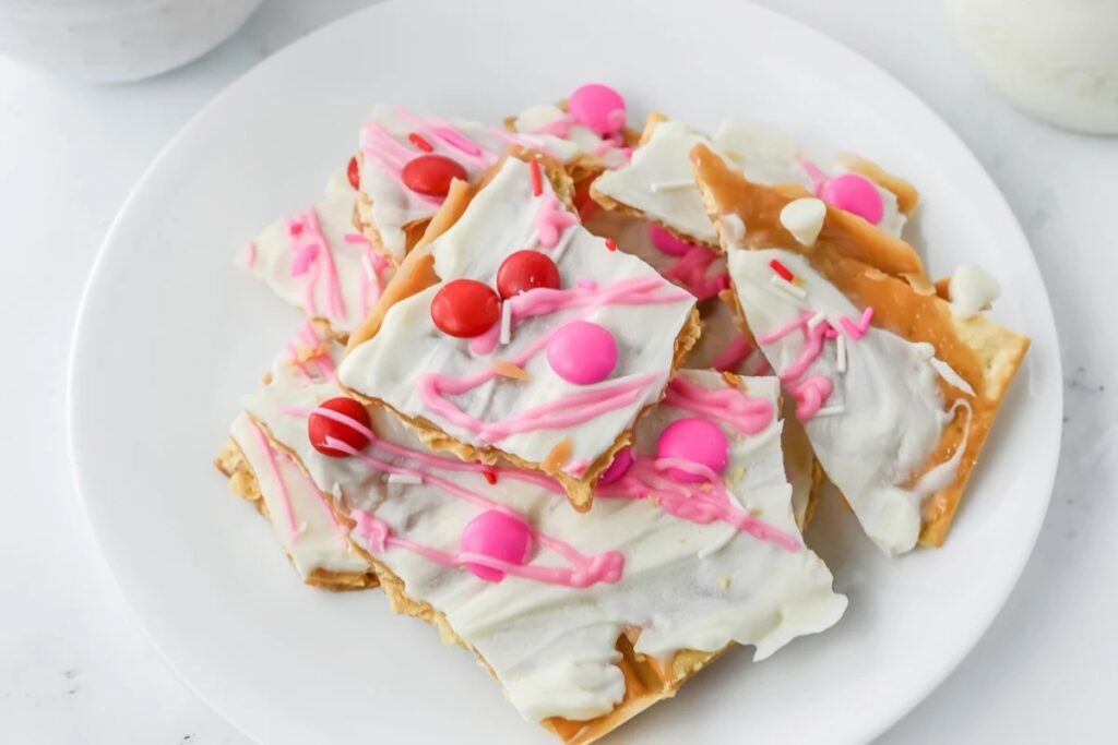 Valentine&rsquo;s Day cracker candy on a plate.