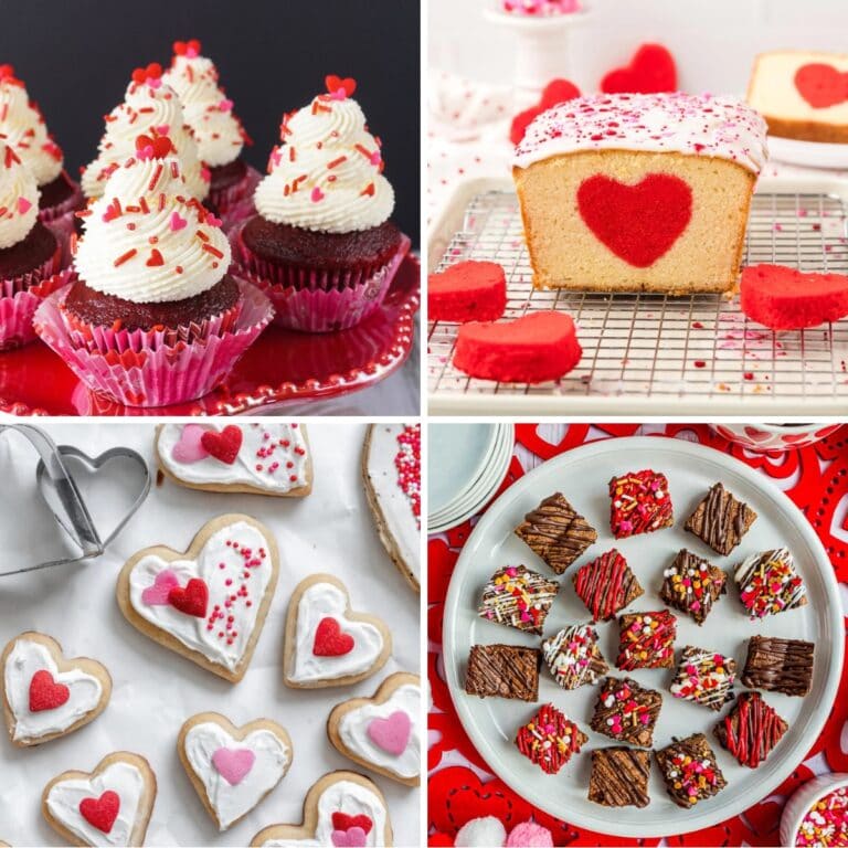 Collage of Valentine&rsquo;s Day desserts.