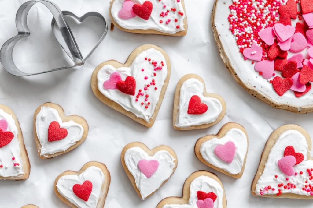Valentine sugar cookies with white icing and heart sprinkles.