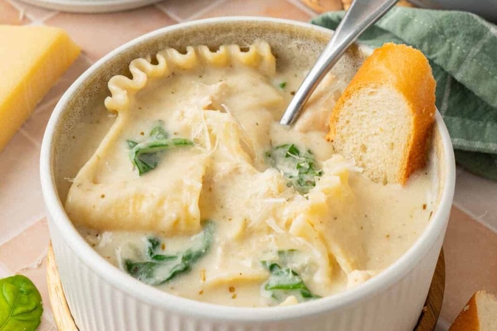 White lasagna soup in a bowl.