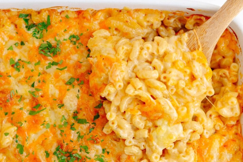 3 cheese mac and cheese in a baking dish.