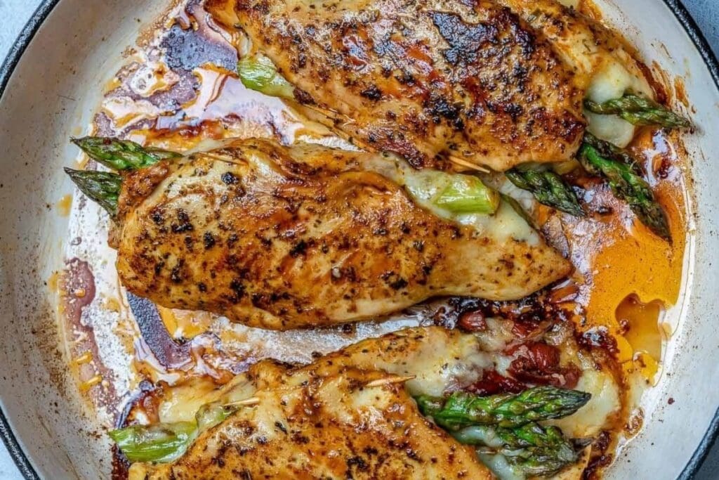 A close up shot of stuffed chicken breast.