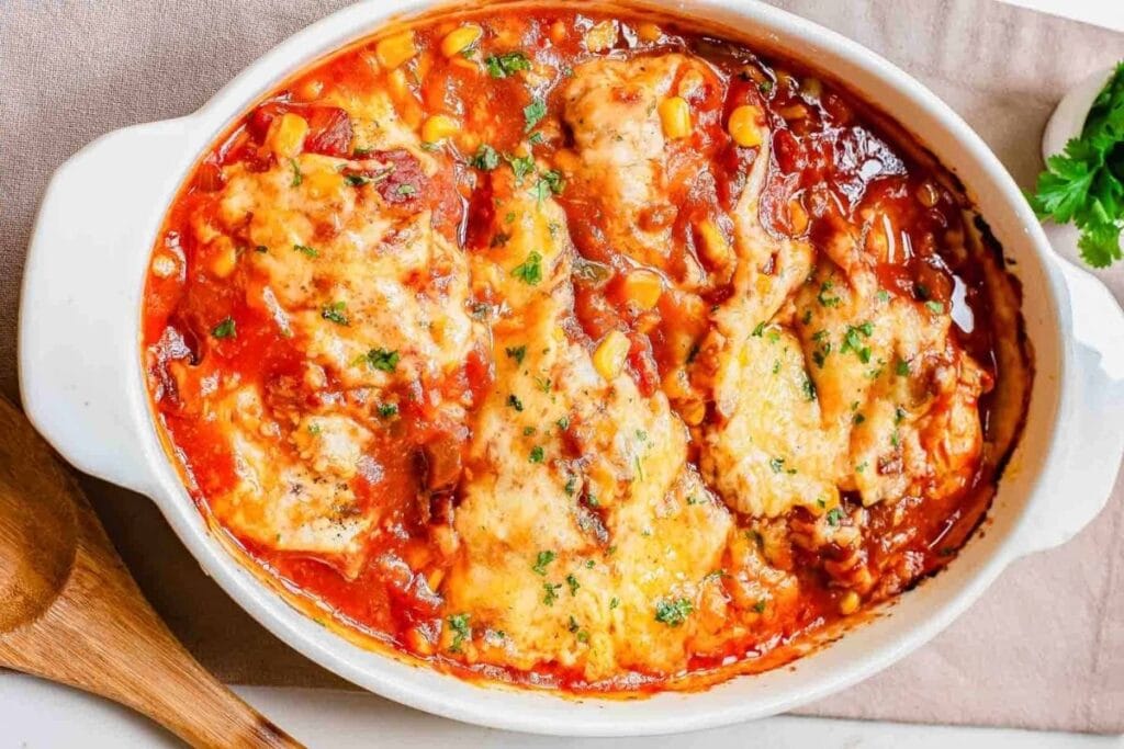 A close up shot of baked salsa chicken.