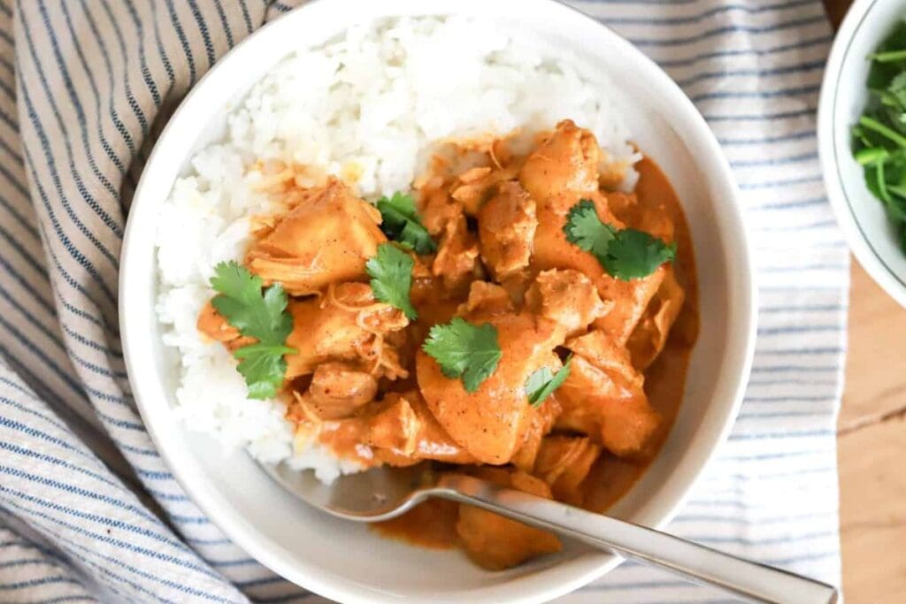 A close up shot of butter chicken.