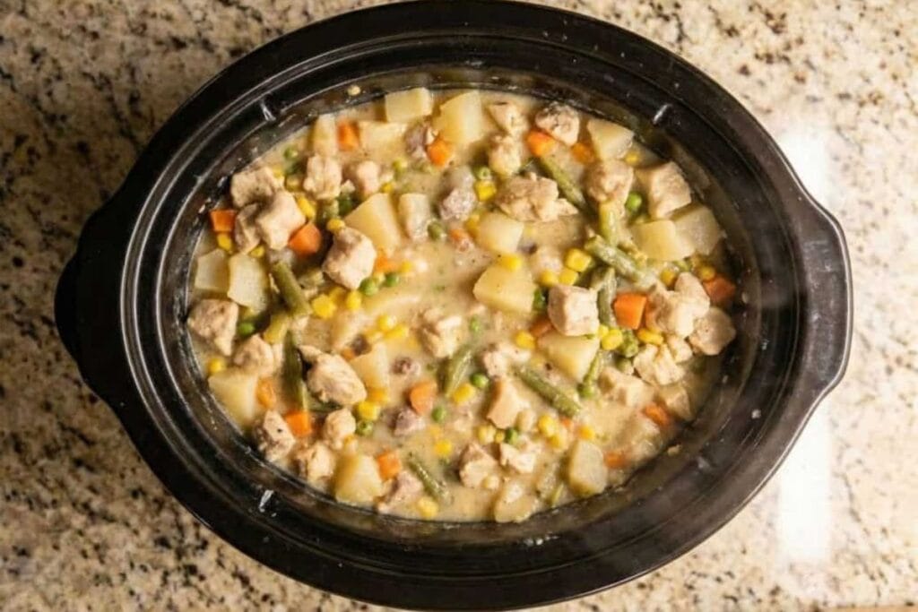 A close up shot of chicken pot pie stew.