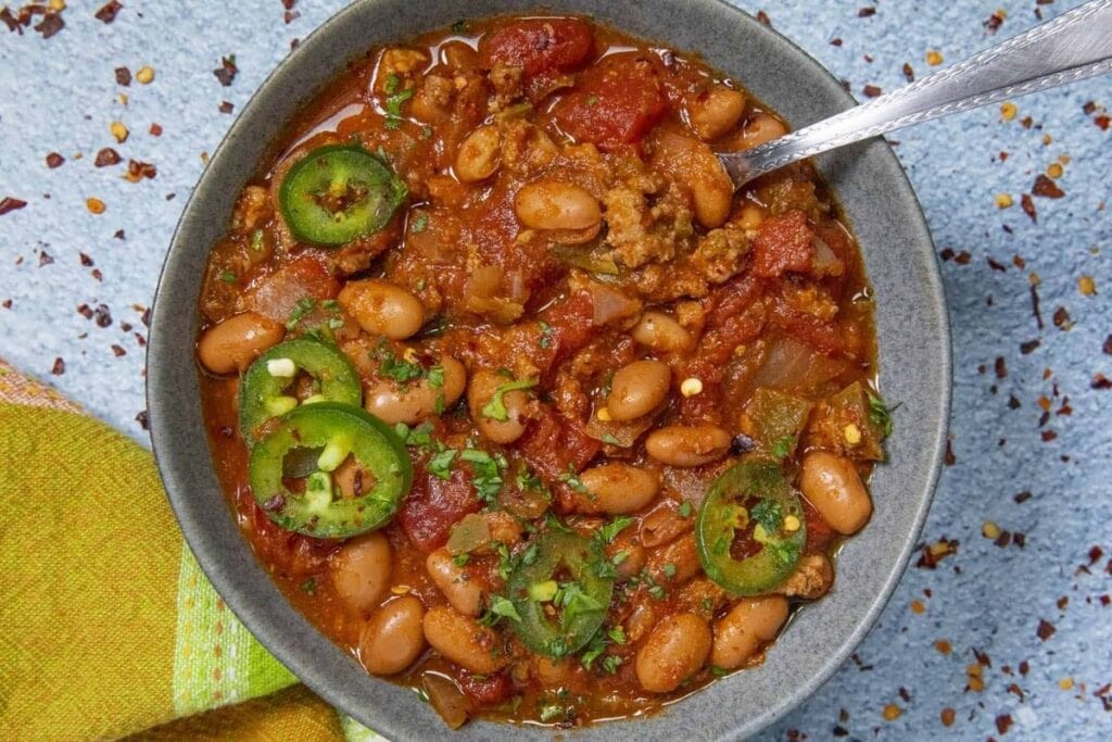 A close up shot of crockpot chili.