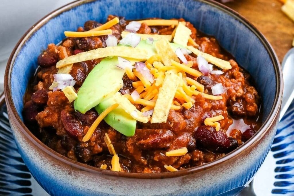 A close up shot of ground turkey chili.