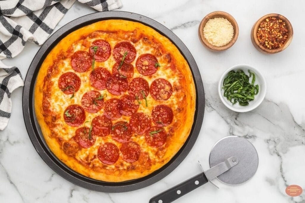 A close up shot of pizza.