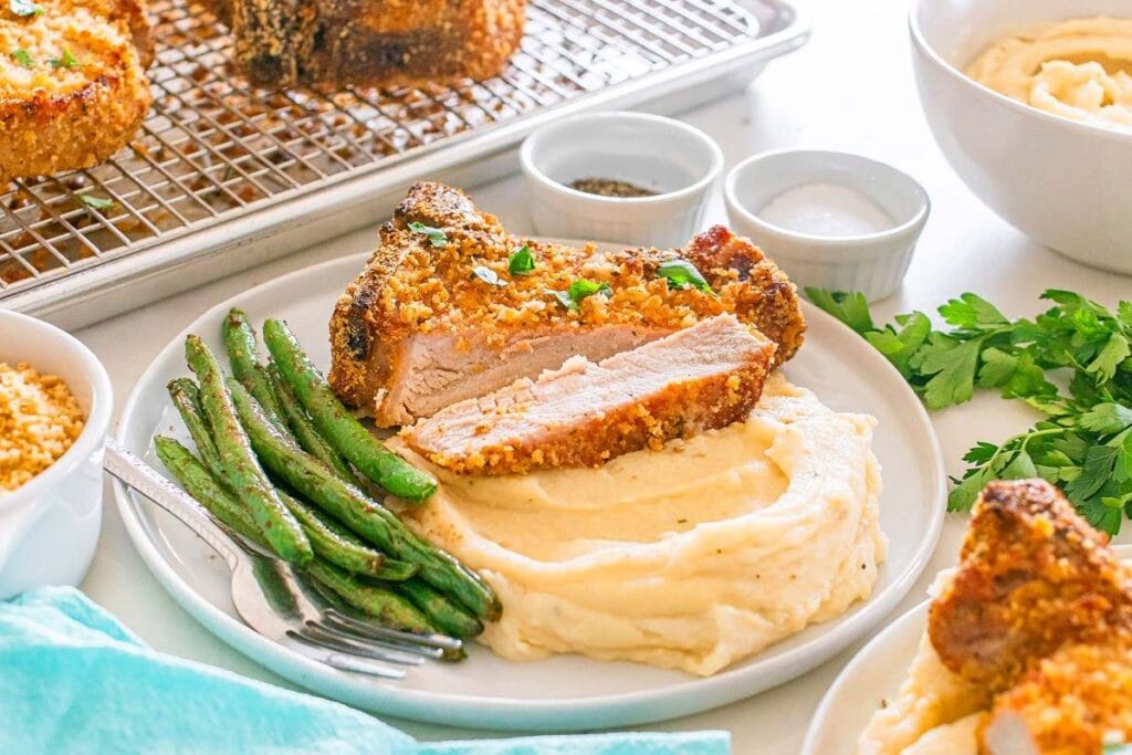 A close up shot of shake and bake pork chops.