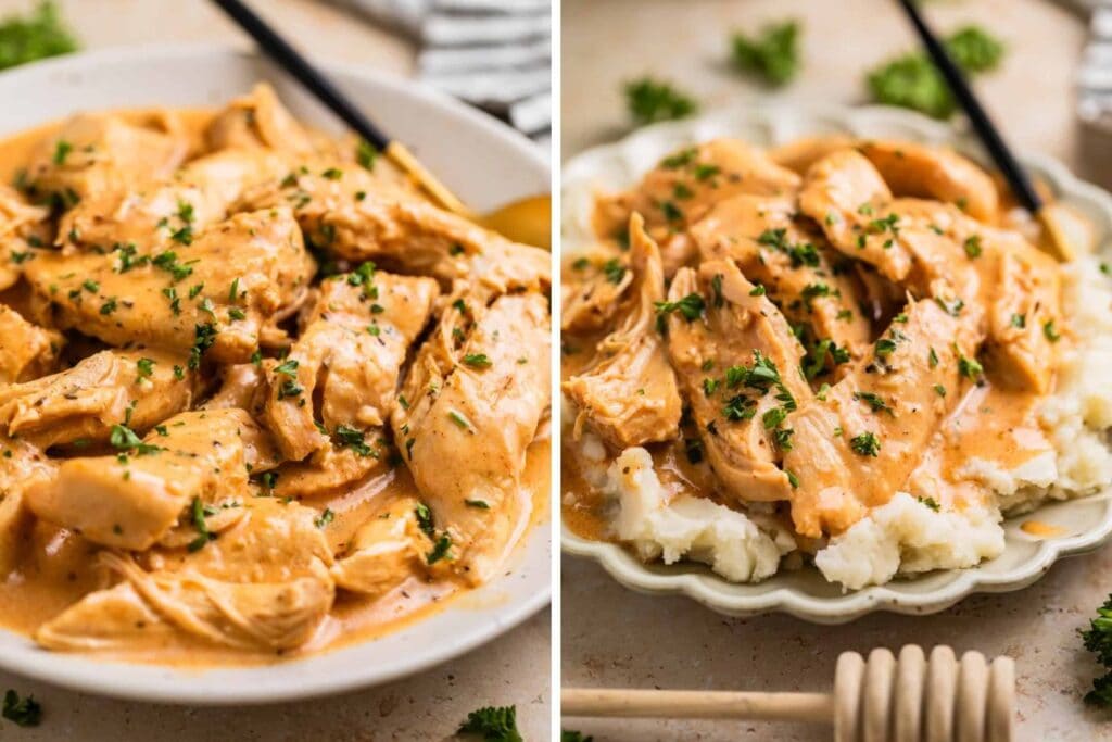 Collage of honey mustard chicken.