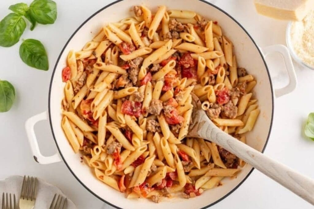 A close up shot of sausage pasta.