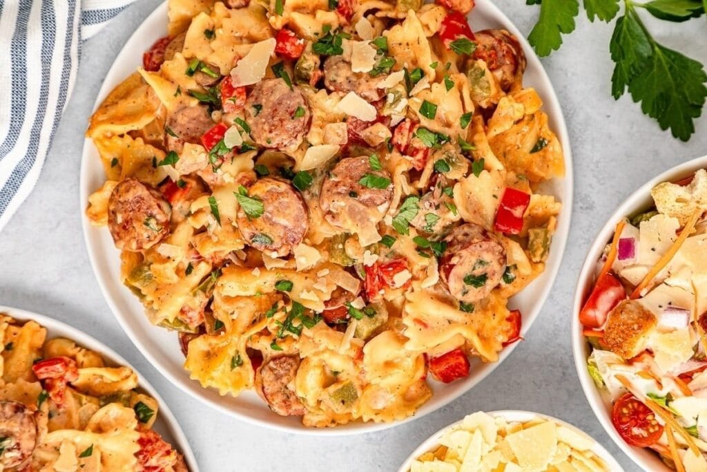 A close up shot of kielbasa pasta.