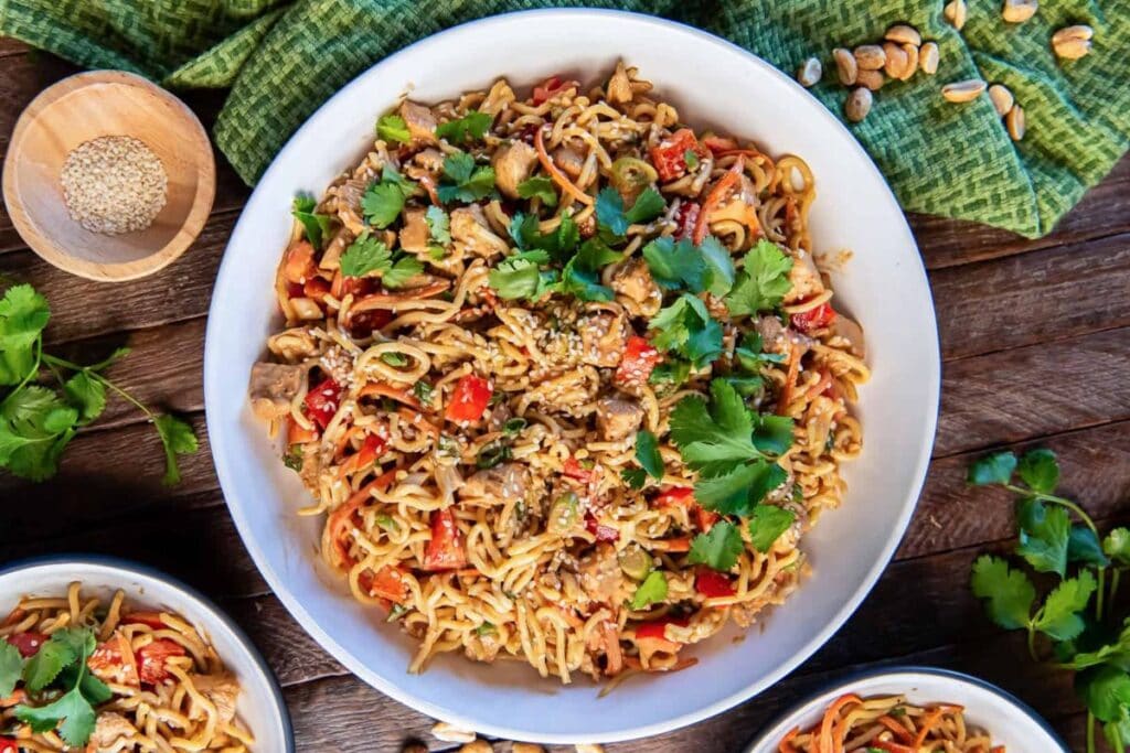 A close up shot of peanut noodles.