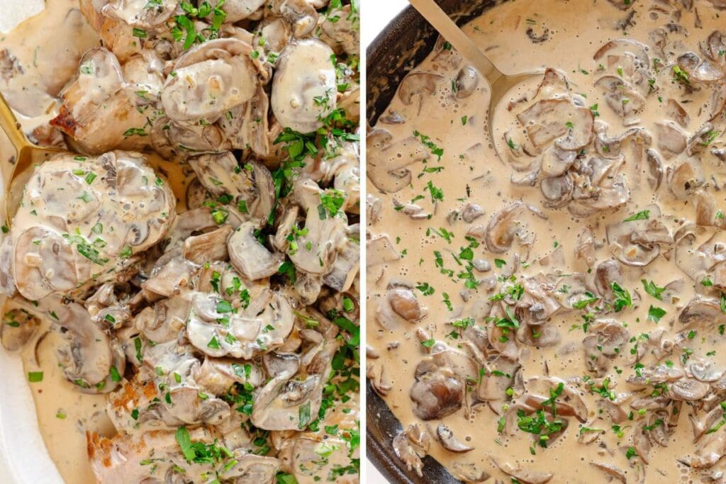 Collage of pork tenderloin with mushroom sauce.