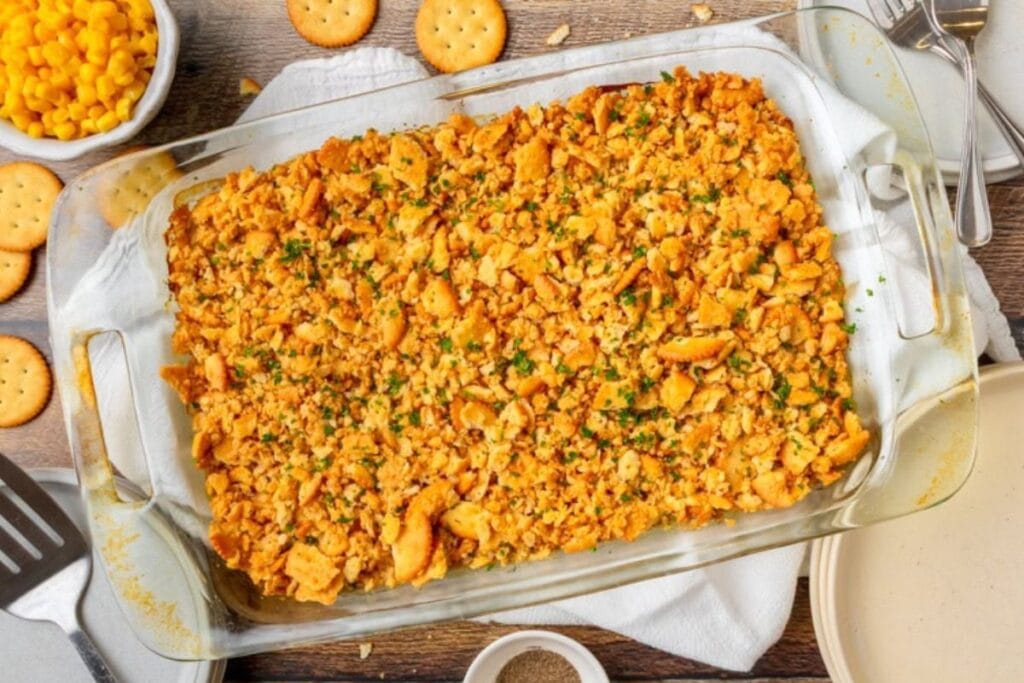 A close up shot of ritz chicken casserole.