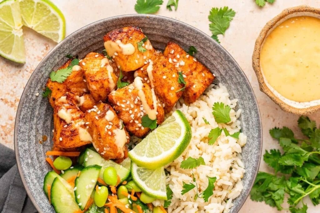 A close up shot of salmon bites.