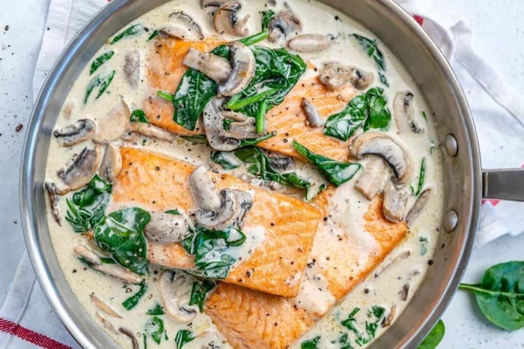 A close up shot of salmon florentine.
