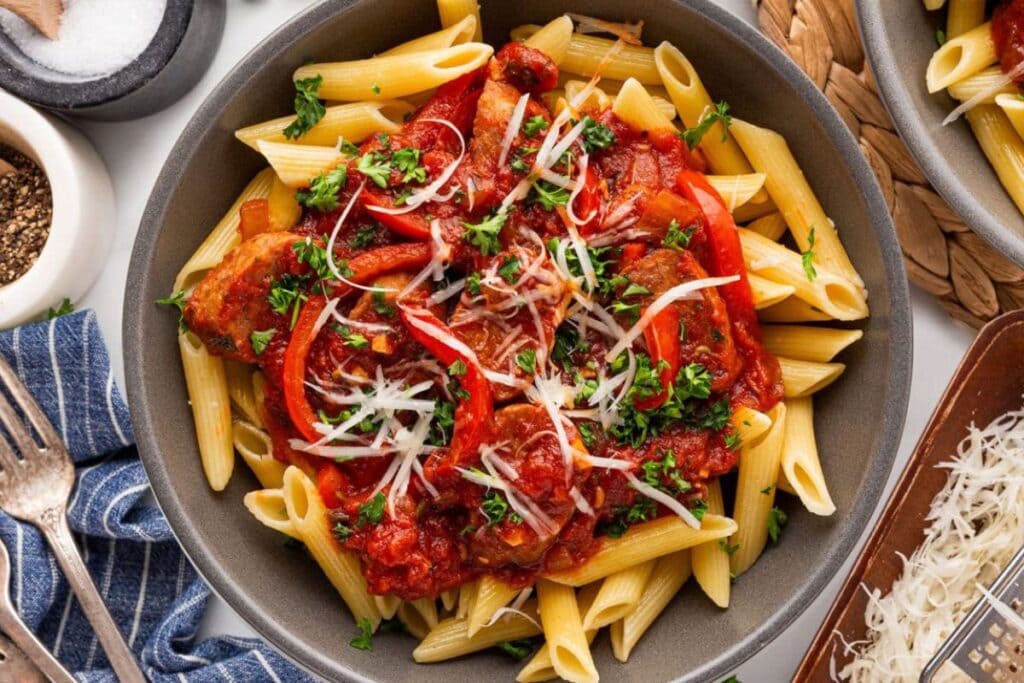 A close up shot of sausage pepper pasta.