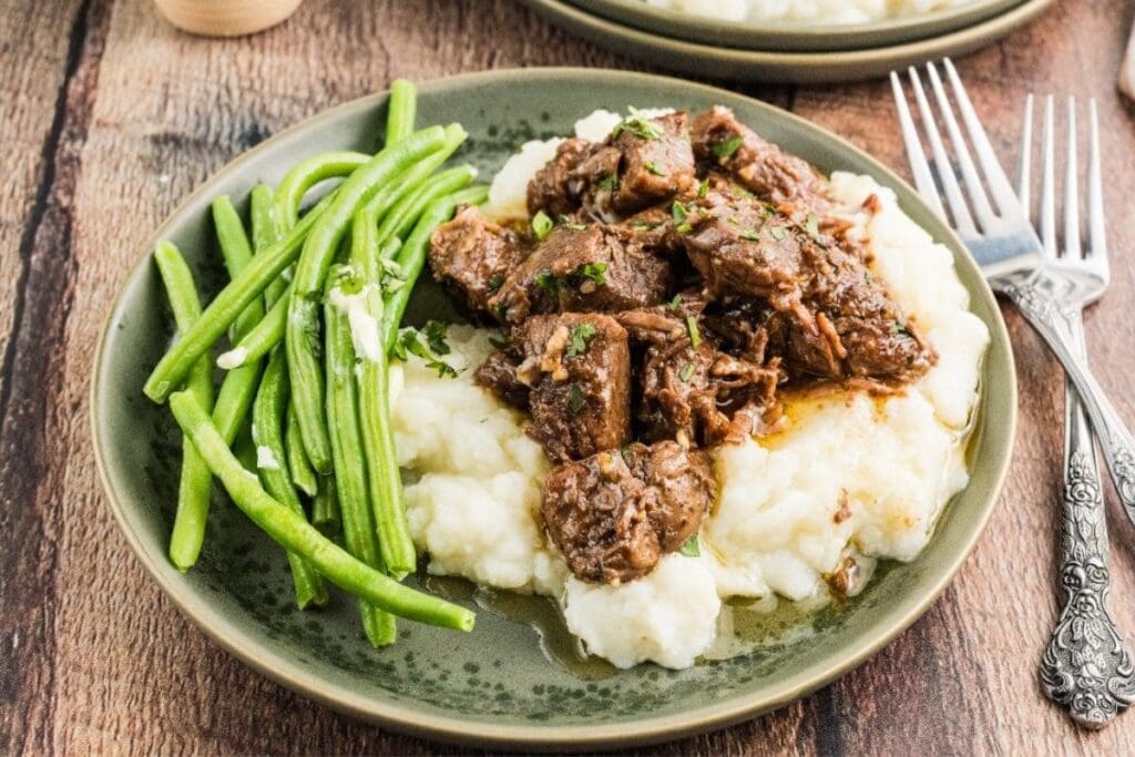 A close up shot of steak bites.