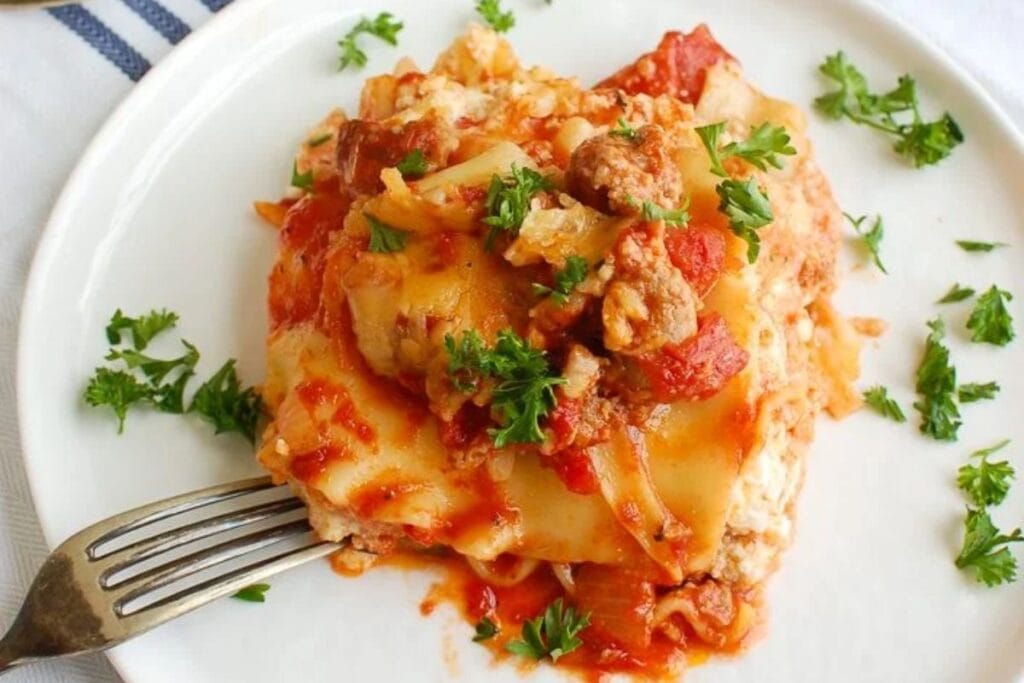 A close up shot of lasagna.