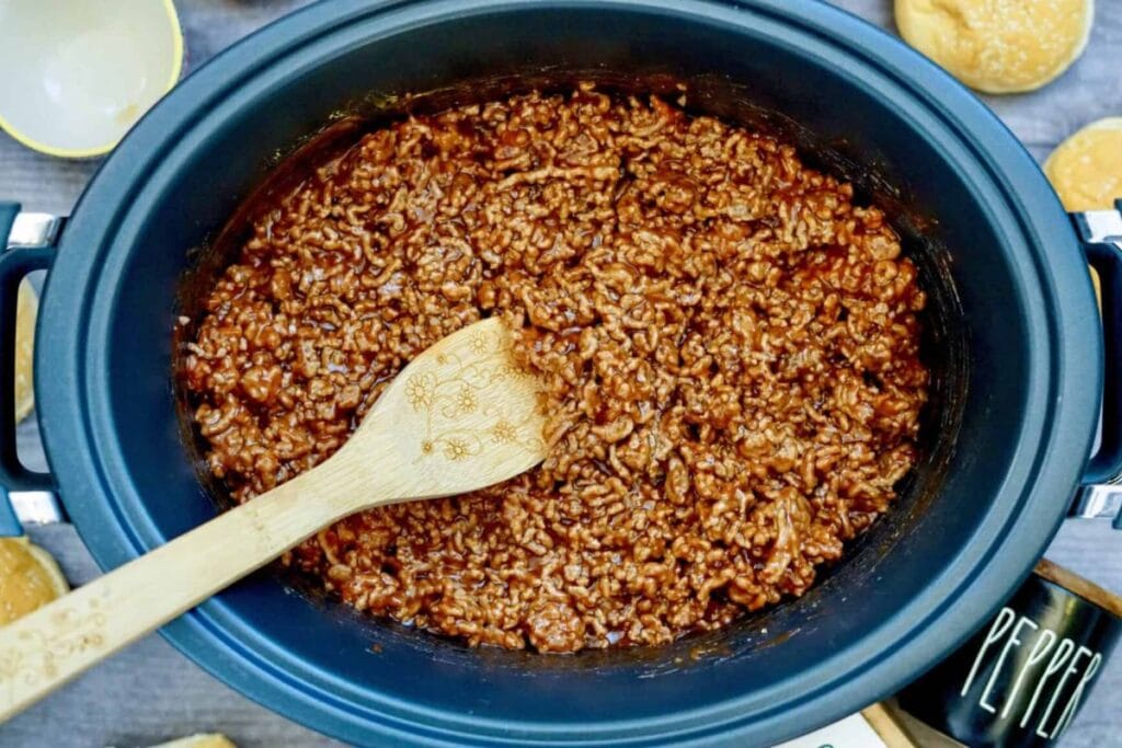 A close up shot of slow cooker sloppy joes.