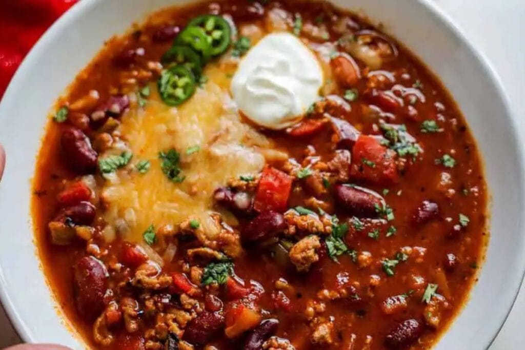 A close up shot of turkey chili.