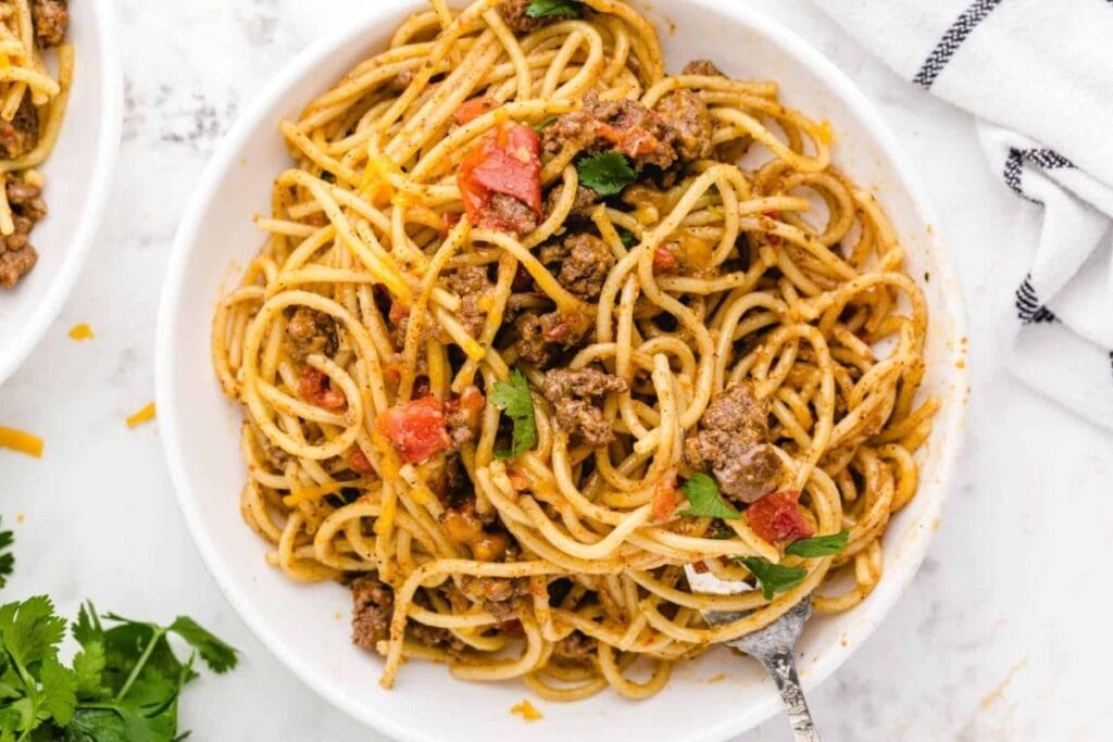 A close up shot of taco spaghetti.