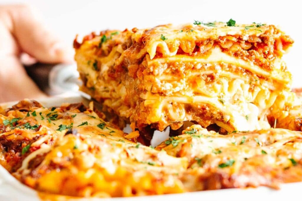 A close up shot of lasagna.