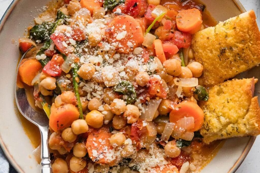 A close up shot of tuscan chickpea stew.