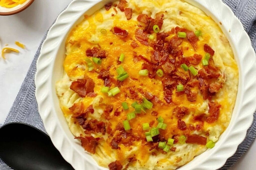 Bacon cheddar ranch mashed potatoes served on a plate.