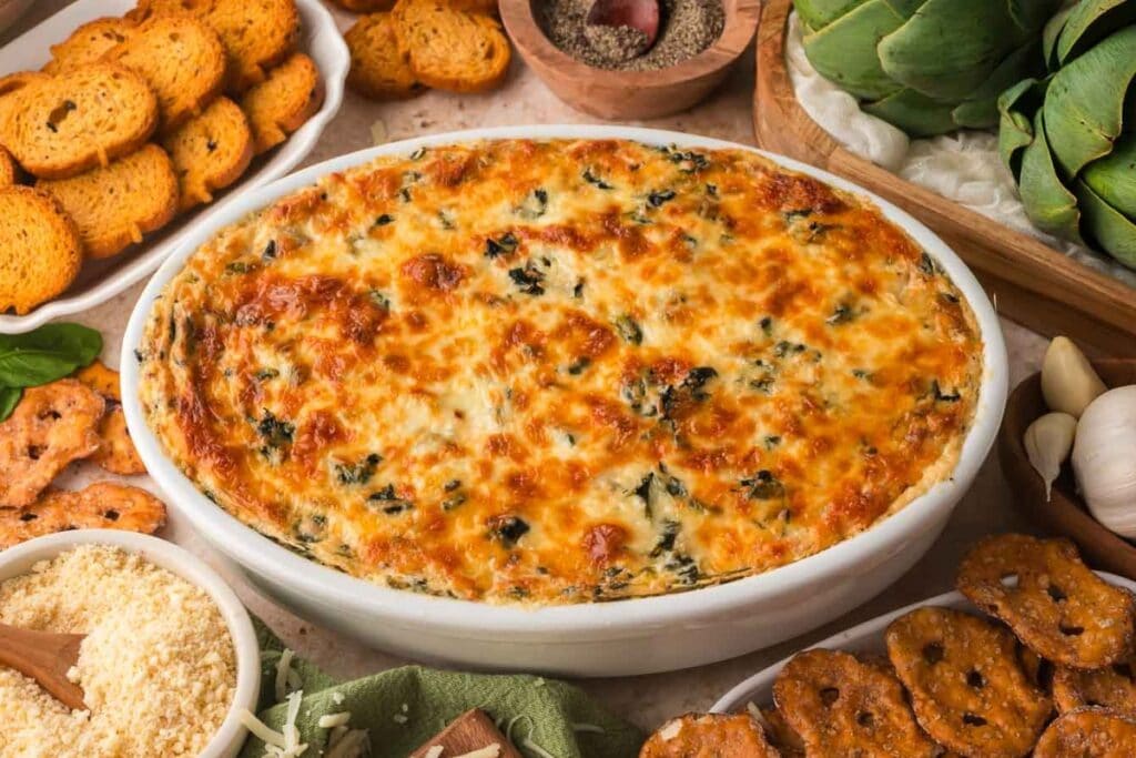 Baked spinach artichoke dip in a bowl.