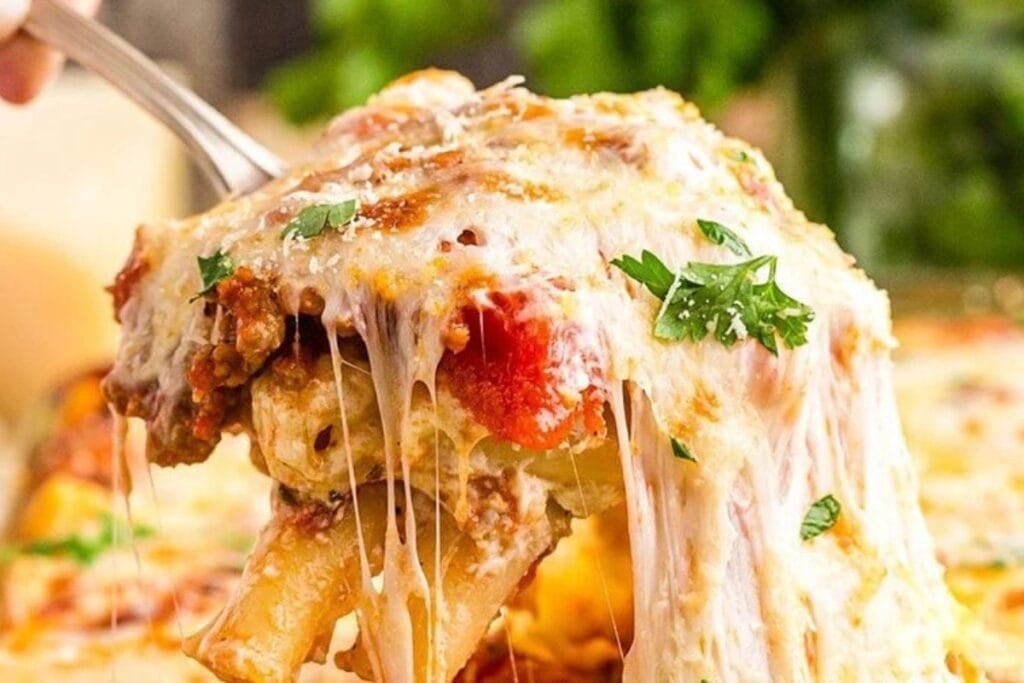 Baked ziti on a spoon.