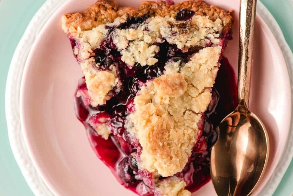 Blueberry rhubarb pie on a plate.