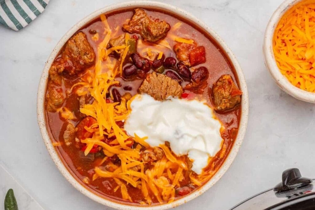 Brisket chili in a bowl.
