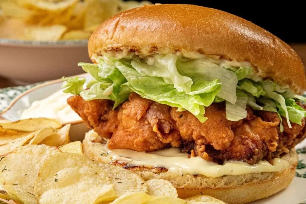 Buttermilk crispy chicken sandwich on a plate.