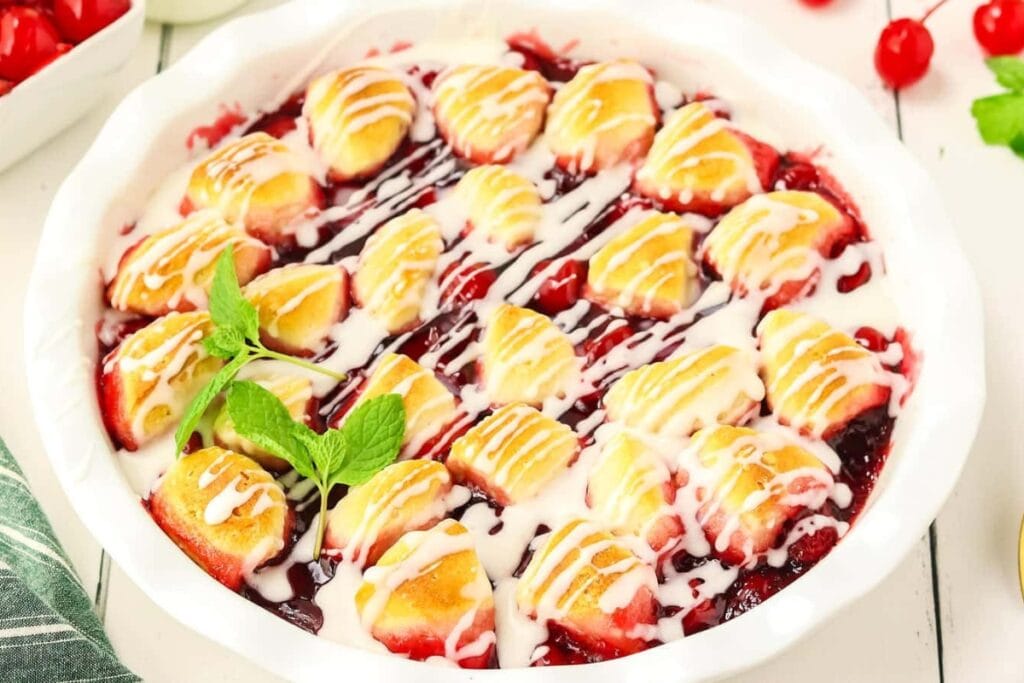 Cherry cobbler in a bowl.