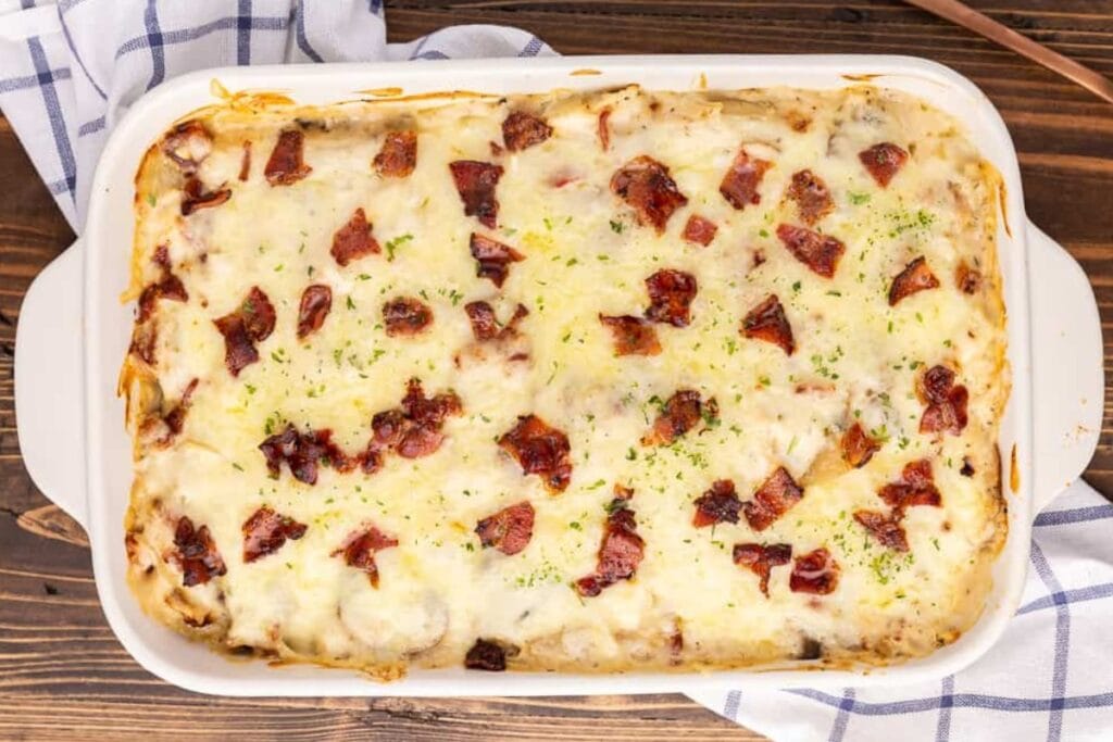 Chicken Alfredo pierogi casserole in a baking dish.