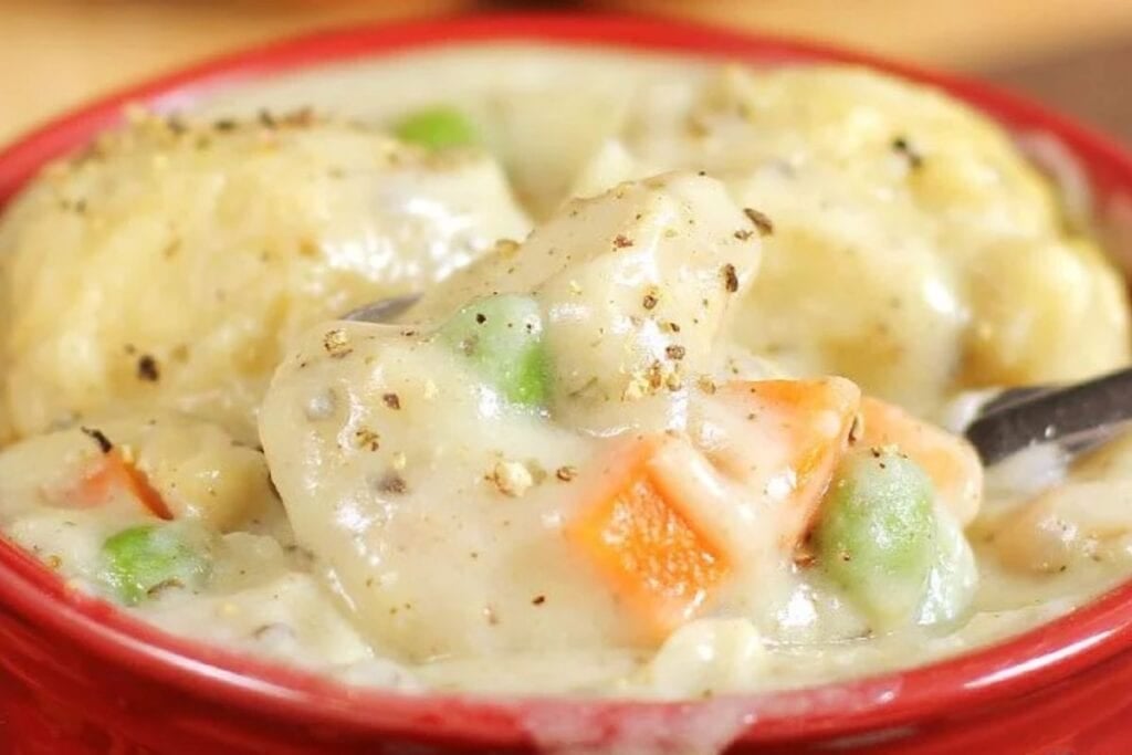 red bowl with chicken and dumplings