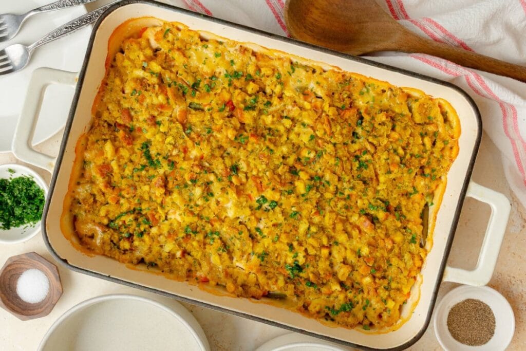 Chicken and stuffing casserole in a baking.