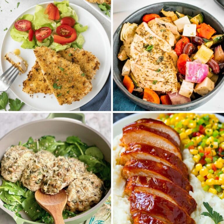 Collage of chicken breasts recipes.