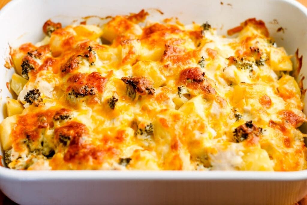 Chicken broccoli potato casserole in a baking dish.