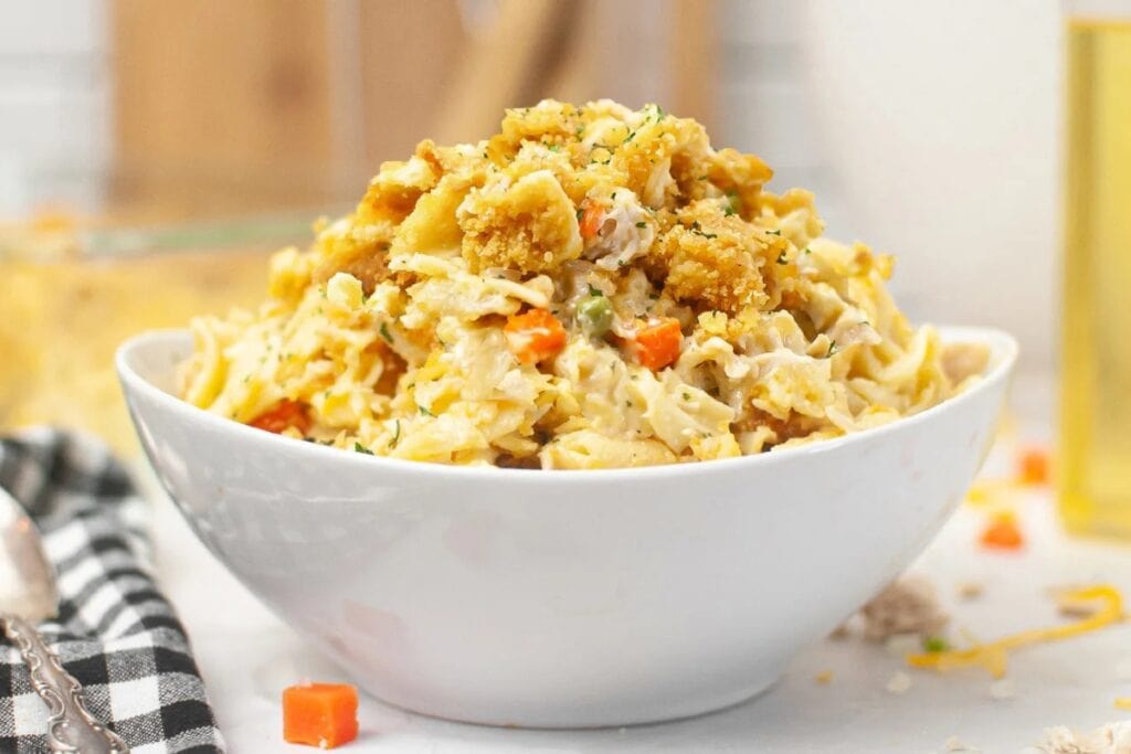 Chicken noodle casserole in a bowl.