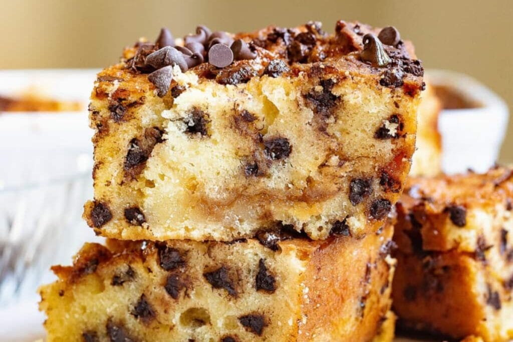 Close-up of chocolate chip caramel coffee cake.