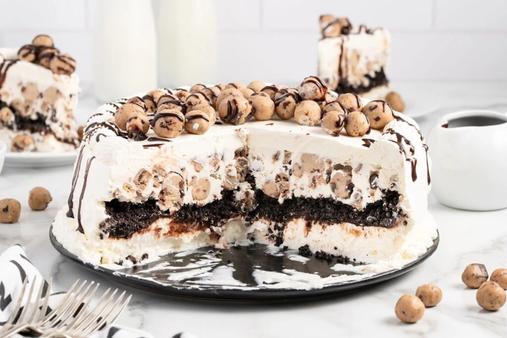 Cookie Dough Ice Cream Cake on a plate.